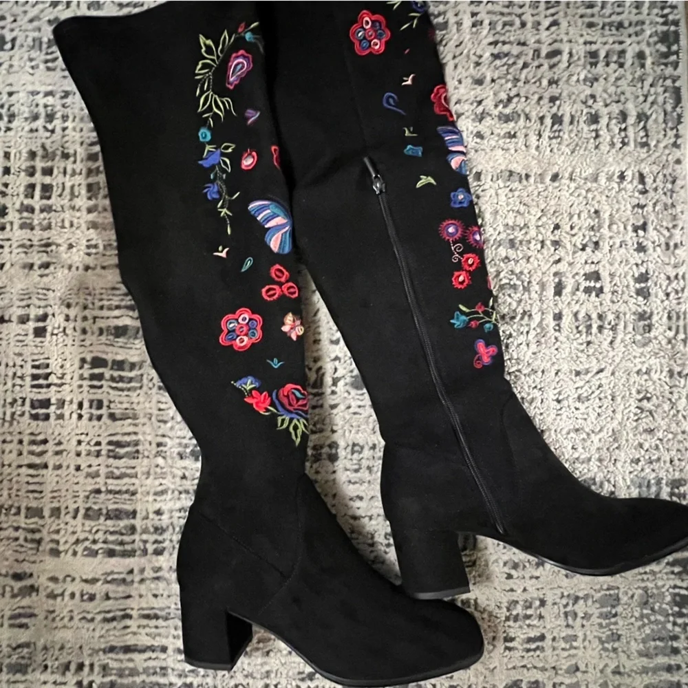 NWOT Impo Judy Embroidered Over-The-Knee Boots stretch block heel colorful